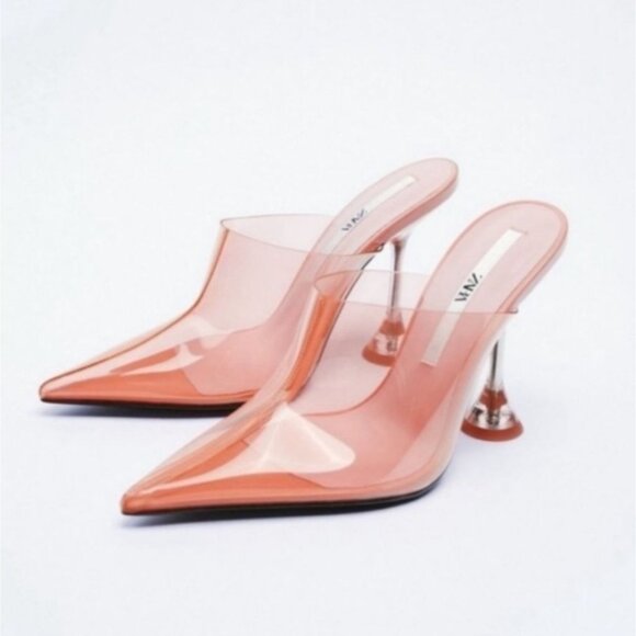 ZARA Vinyl heeled mules pointed toes transparent heels rose color Size 38 US 7.5 - Picture 2 of 15